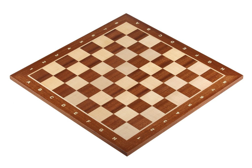 Turnier Schachbrett aus Mahagoni und Buchahorn, Mahagonirand mit Notation, Feldergröße 58 mm