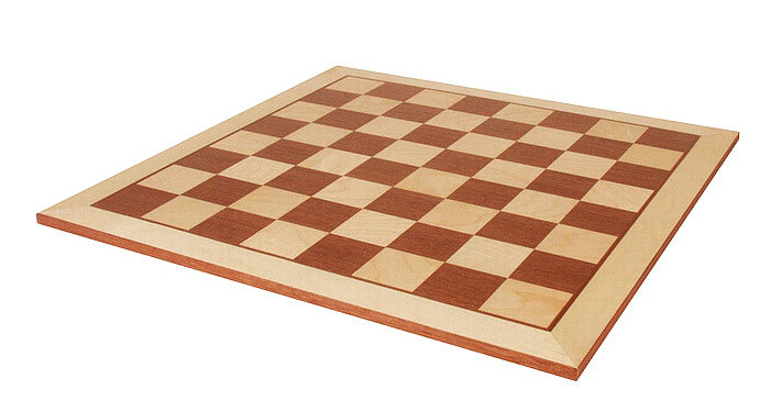 Turnier Schachbrett aus Mahagoni und Buchahorn, Ahornrand ohne Notation, Feldergröße 58 mm