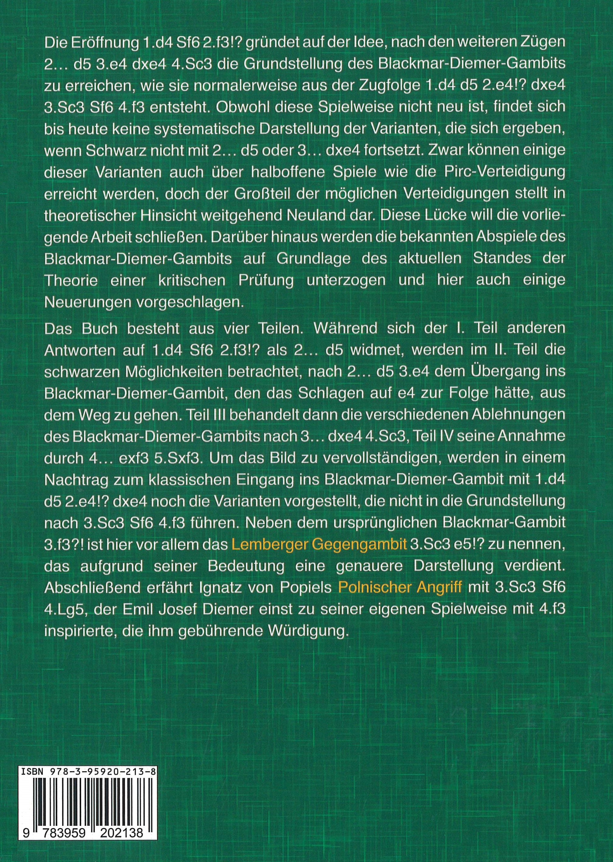 Egner: Neue Wege im Blackmar-Diemer-Gambit - Die Eröffnung 1. d4 Sf6 2. f3!?