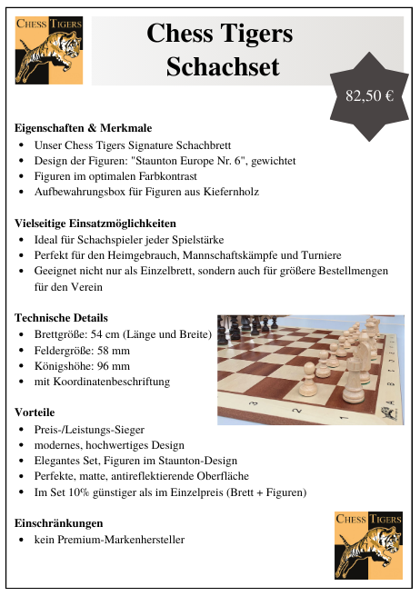 Produktinfoblatt Chess Tigers Schachset