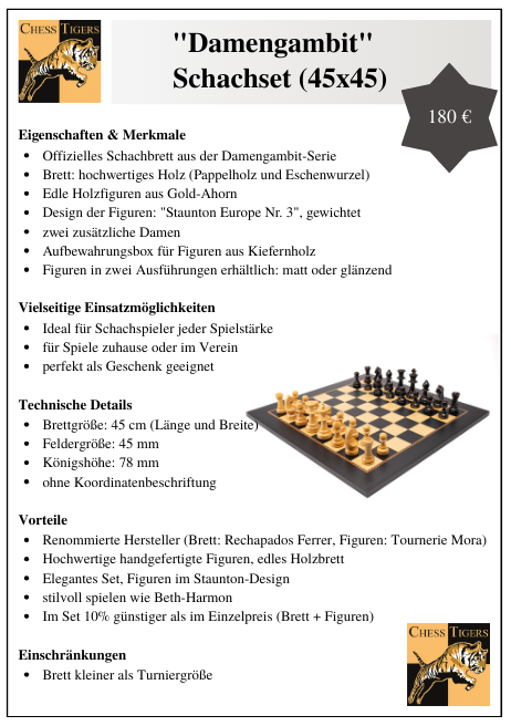 Produktinfoblatt Damengambit Schachset 45x45